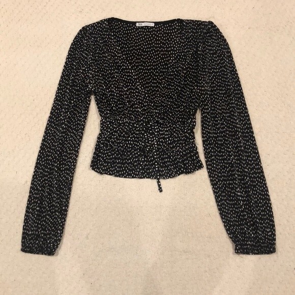 Zara Long Sleeve Black White Polka Dot Pleated Crop Blouse with Tie Accent Small - Picture 3 of 6